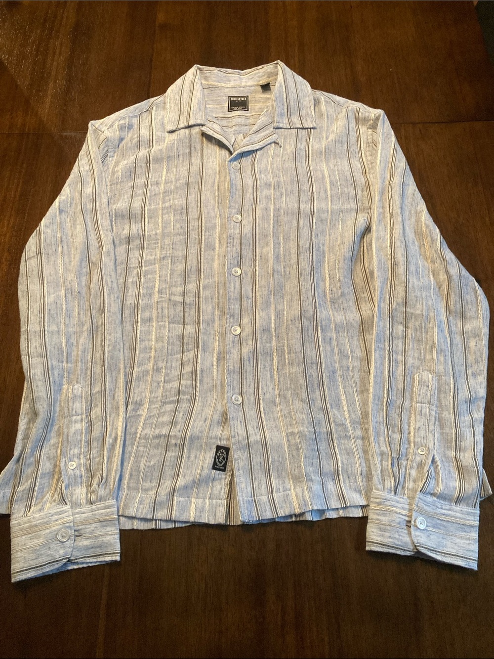 Todd Snyder Blue and White Striped Linen Blend Camp Button-Down Shirt
